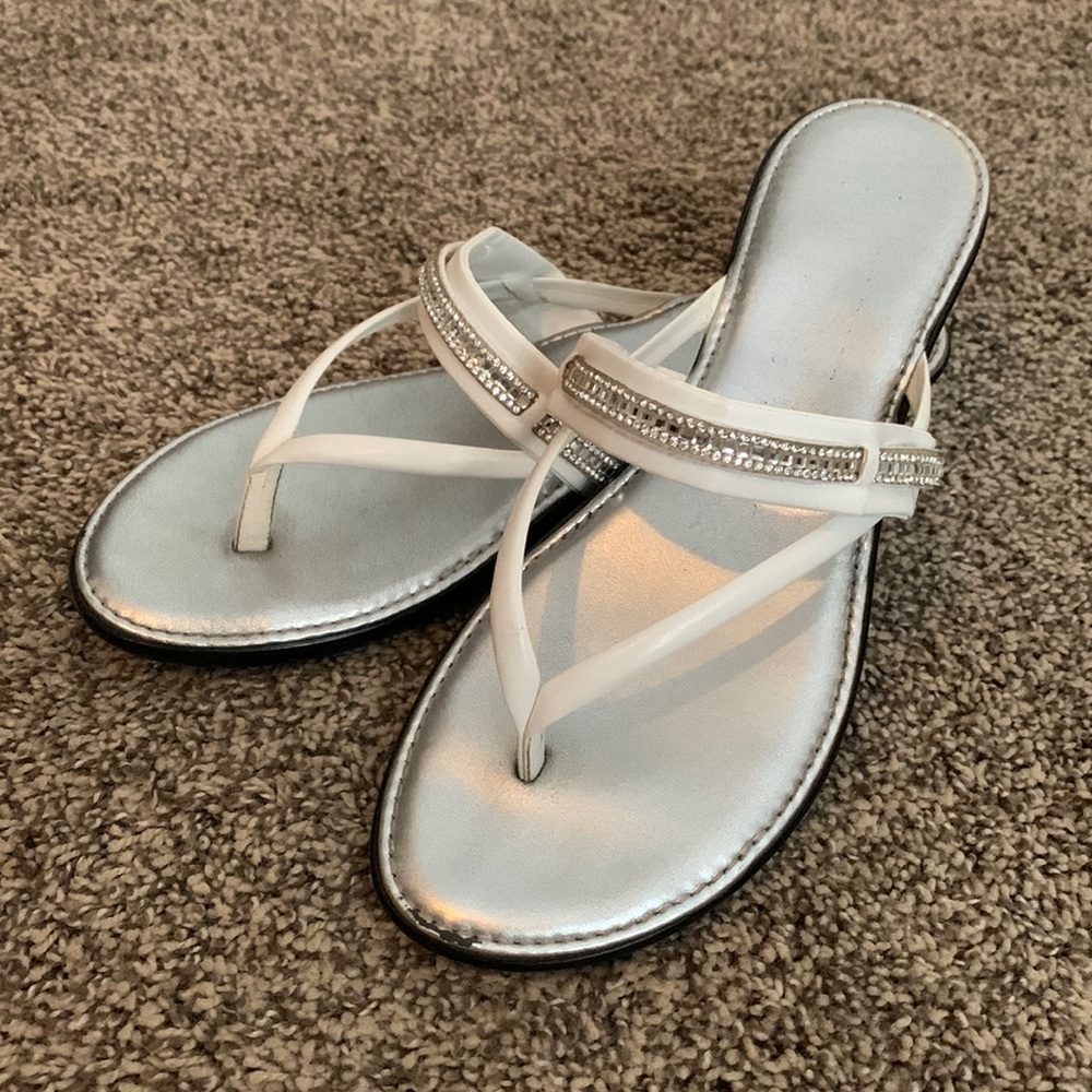 Made in Italy sandal. Silver with black bottom, white embellished straps.